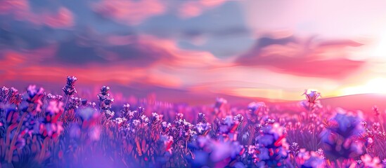 Canvas Print - Vibrant lavender flowers in bloom on a colorful field with copy space image