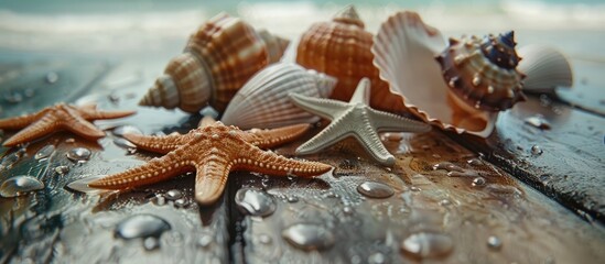 Wall Mural - A summery theme showcasing sea shells or starfish on a table with space for adding text in the image. Copy space image. Place for adding text and design