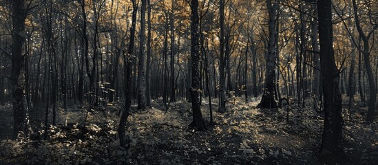 Wall Mural - Autumn forest in monochrome hues with copy space image