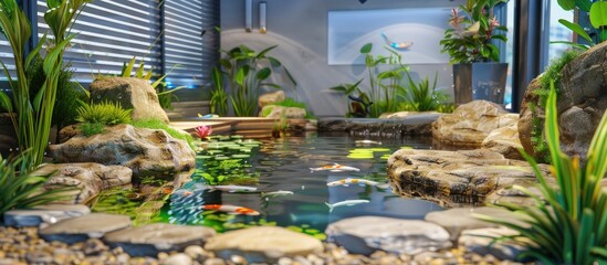 Child friendly indoor fish pond set up for interactive play with copy space image