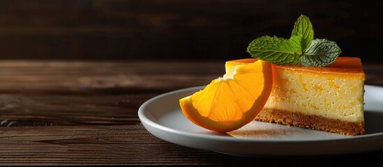 Canvas Print - Detailed closeup of sliced orange cheesecake or pudding adorned with ripe orange fruit with copy space image