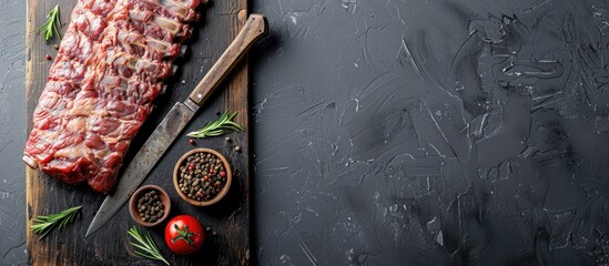 Canvas Print - Raw beef ribs on a cutting board next to a knife set against a gray background with space for text or images. Copy space image. Place for adding text and design