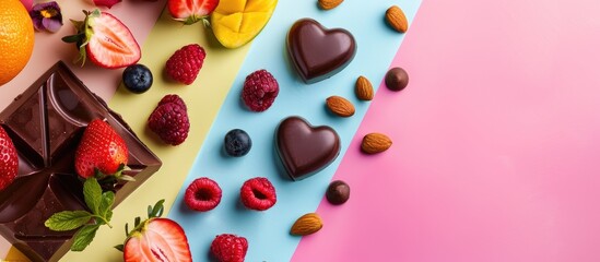 Poster - Heart shaped chocolate sweets topped with fruits and nuts on a colorful background in a top view ideal for a holiday concept with space for text like a copy space image