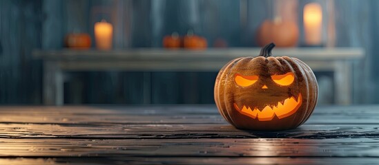 Wall Mural - Halloween decorations with a spooky pumpkin on a wooden table creating a Halloween holiday ambiance in a copy space image