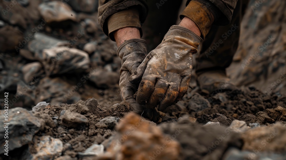 A miner's hands sift through rocks and dirt, demonstrating the hard ...