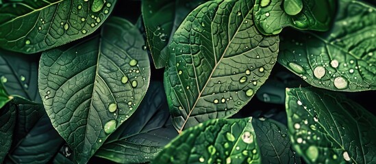 Poster - An abstract image of green leaves with dew offers a refreshing background with the theme of nature and eco friendliness ideal as a wallpaper with copy space image