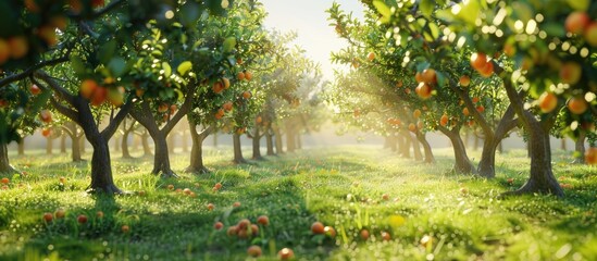 Sticker - An orchard featuring trees with leaves and fruits against a backdrop with copy space image