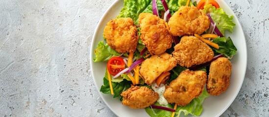 Canvas Print - Crispy chicken nuggets complement a fresh veggie and cheese salad ideal for a copy space image