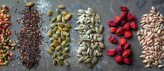 Poster - A collection of Seeds in English is displayed on a gray backdrop of dried seeds in an overhead copy space image