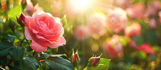 Poster - Gorgeous pink rose in full bloom in a sunny garden setting with a copy space image