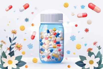 Wall Mural - Colorful Medicine Bottles with Flowers Modern Pharmaceutical Illustration