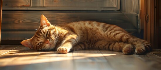 Wall Mural - Portrait of a munchkin cat resting on a home floor with natural light filtering through the door providing a copy space image