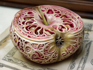 Wall Mural - A carved apple with a stem and seeds inside. The apple is surrounded by a pattern of swirls and dots