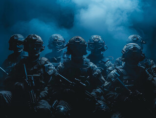 Wall Mural - A group of soldiers are sitting in a dark room with smoke in the background