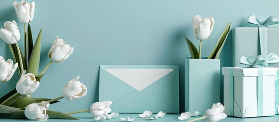 Sticker - A serene turquoise backdrop showcases an envelope with a blank card gift boxes and white tulips ideal for displaying a message or quote against the copy space image