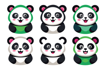 Wall Mural - Six Adorable Cartoon Pandas with Green and Black Accents