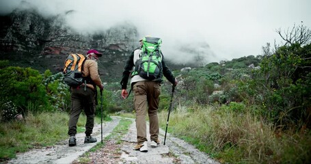 Canvas Print - Mature man, friends and hiking with stick on mountain for fitness, adventure or outdoor journey in nature. Back view of male person trekking together with backpack, bag and cloudy sky on natural path