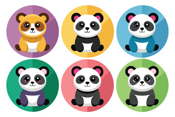 Wall Mural - Six Cute Cartoon Pandas in Colorful Circles