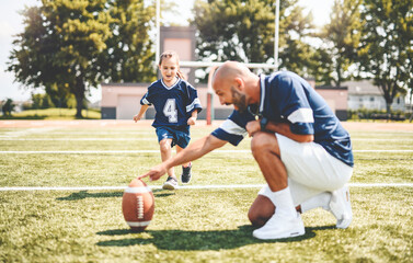 Wall Mural - football, sport with a dad and daughter training on a court outside for leisure fitness and fun