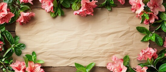 Sticker - A spring border featuring pink azalea flowers green basil flowers and a blank paper sheet on a wooden background in a top view copy space image