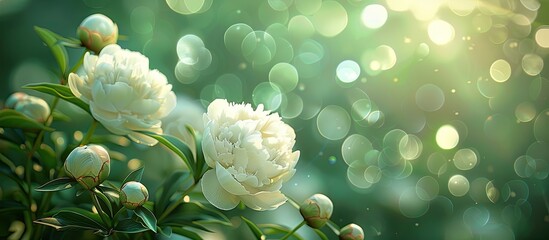 Poster - Close up image of white peonies in bloom with peony flowers and buds in a spring garden against a green backdrop featuring a beautiful bokeh effect for copy space image