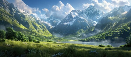 Canvas Print - Scenic view of lush mountain meadows and peaks under a sunny blue sky with clouds creating an adventurous atmosphere in the wilderness with a copy space image