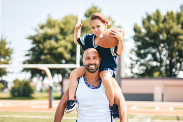 Wall Mural - football, sport with a dad and daughter training on a court outside for leisure fitness and fun