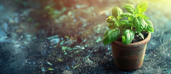 Poster - Fresh basil plant in a pot on a textured surface with vibrant organic basil leaves representing vegan spices nurtured through home gardening in the kitchen setting providing a copy space image