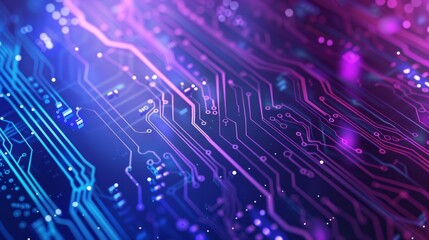 Poster - A high-tech abstract circuit board design with vibrant purple and blue hues, depicting modern technology trends.