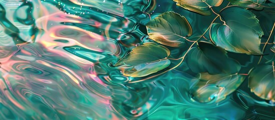 Sticker - Green leaves in a glossy abstract setting with paints acrylic and glitter in water creating ripples and waves on the shiny liquid surface offering copy space image