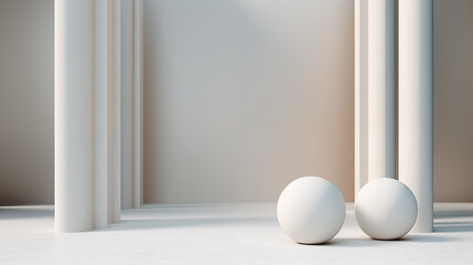 Two white balls are placed in front of a white wall