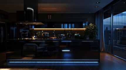 Wall Mural - trendy luxury kitchen in dark colors, with cool LED lighting