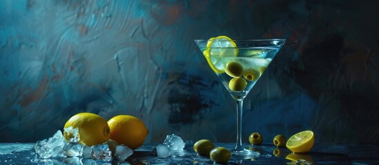 Poster - A traditional martini garnished with green olives and lemon displayed against a dark backdrop with a soft blue glow featuring ample copy space image