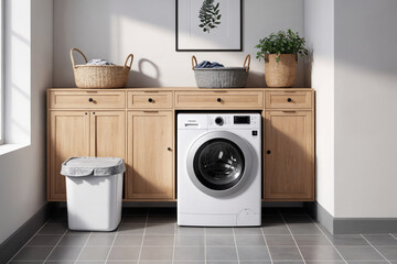 Interior of laundry room with washing machines and dirty clothes