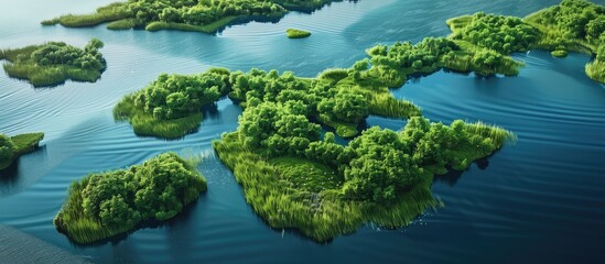 Canvas Print - An aerial view of tiny islands covered in lush green reeds surrounded by blue lake water with ample copy space image