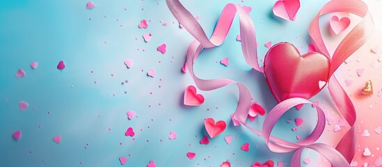 Wall Mural - Valentine s Day celebration depicted in a composition featuring a ribbon pink paper hearts set on a colorful background with copy space image