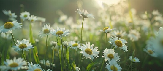 Poster - Close up image of pharmacy chamomiles white wild flowers on a summer day in a field of daisies showcasing the beauty of nature with copy space available