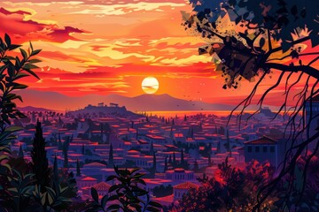 Wall Mural - Vivid artistic illustration of Athens, Greece at sunset