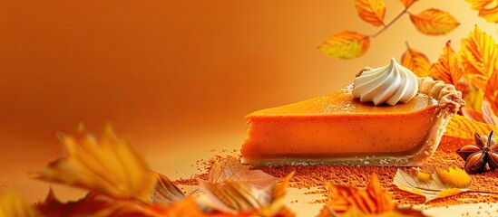 Wall Mural - A delicious slice of pumpkin pie showcased with autumn leaves on an orange backdrop in a copy space image