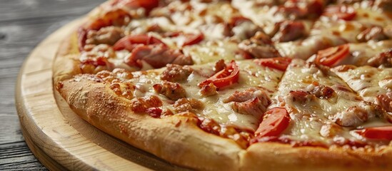 Wall Mural - A close up image featuring a delicious pizza with melted cheese tomato slices and meat on a rustic wooden board ideal for use as a copy space image