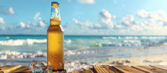 Wall Mural - Cold beer in a glass bottle with ice on a wooden table at the beach with a clear blue sky and ocean in the background perfect for a copy space image