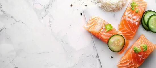 Wall Mural - Salmon with rice and cucumber on a white marble background seen from the top Includes plenty of space for adding text or other elements in the copy space image