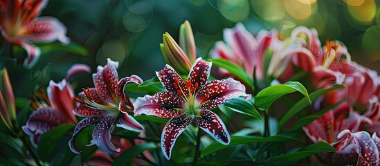 Wall Mural - Observe a blurry background of dark maroon and white Checkered Lily flowers with a white checkerboard pattern framed by vibrant spring green leaves in a garden setting with copy space image