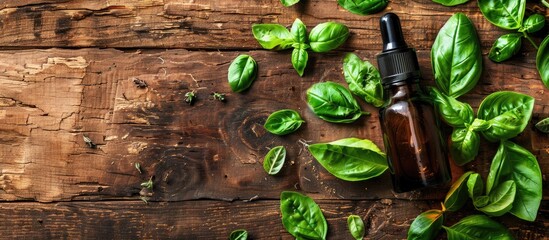 Poster - Basil essential oil and fresh leaves on a textured wooden backdrop create an aromatherapy ambiance ideal for utilizing medical herbs in alternative medicine with a designated area for text in the cop