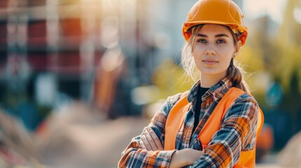 Wall Mural - A beautiful woman worker wearing a hat to prevent accidents, standing with her arms crossed, confident in the construction