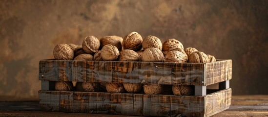 Sticker - A wooden crate filled with delicious walnuts displayed against a brown backdrop leaving room for more images. Copy space image. Place for adding text and design