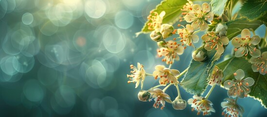 Wall Mural - Close up of summer linden blossom with light green flowers against a copy space image