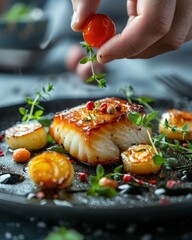 Wall Mural - Elegant plated gourmet fish dish with garnishments. Close-up of hand adding cherry tomato on top. Fine dining presentation for culinary purposes. 