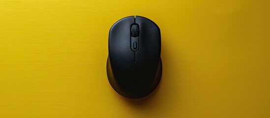 Fototapete - Copy space image of a black wireless mouse on a yellow surface seen from above