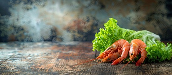 Sticker - Fresh shrimp langoustines and green lettuce on a rustic table with a copy space image backdrop perfect for a meal or snack